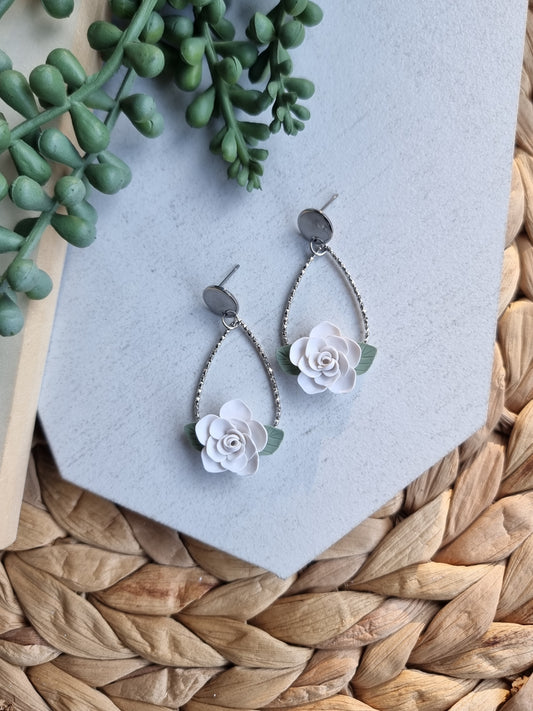 White Floral Teardrop Hoop